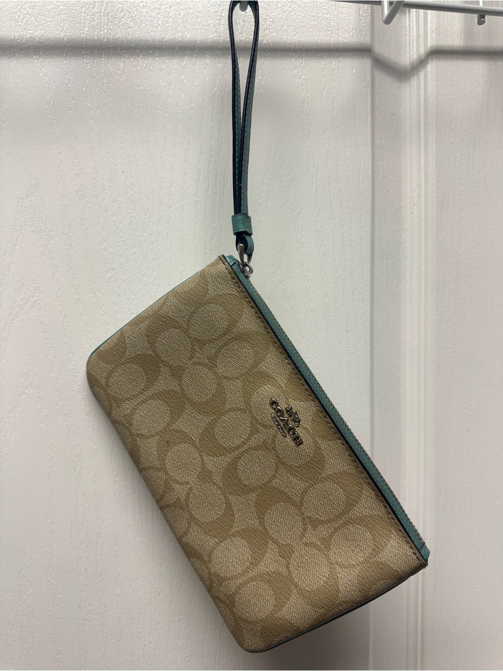 Coach Tan Signature Canvas Wristlet with Teal Trim and Strap